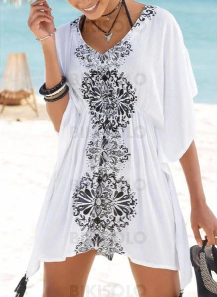 Fleuris Imprimé Col V Accrocheur Boho Tenues De Plage Maillots De Bain Blanc / Taille Libre