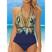 Charger l&#39;image dans la galerie, Fleuris Imprimé Dos Nu Sexy Boho Une Pièce Maillots De Bain Bleu / M