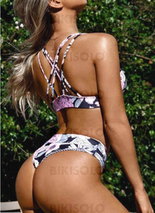 Fleuris Taille Basse Traverser Col V Sexy Bikinis Maillots De Bain Noir / S