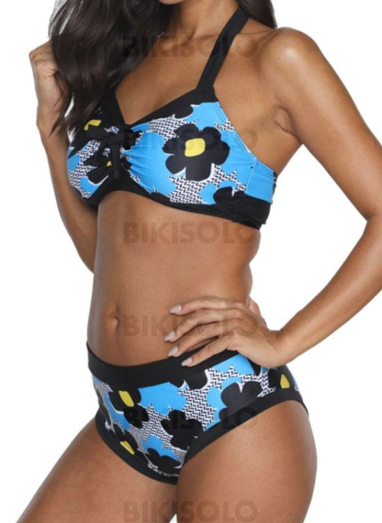 Floral Col Rond Attrayant Bikini Maillots De Bain Bleu / M Bikinis