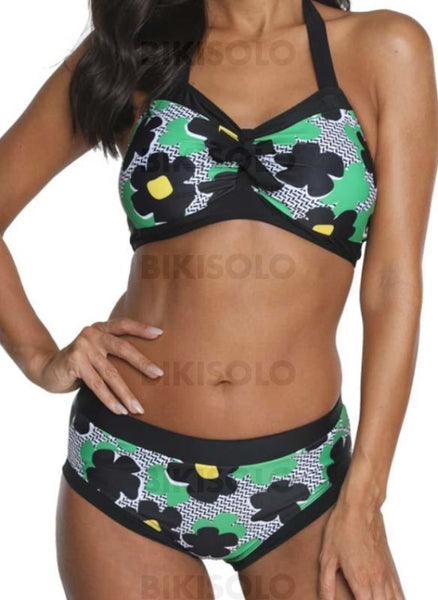 Floral Col Rond Attrayant Bikini Maillots De Bain Vert / M Bikinis