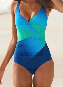 Imprimé Épissage Couleur À Bretelles Col V Grande Taille Une Pièce Maillots De Bain Bleu / M