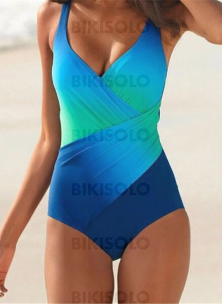 Imprimé Épissage Couleur À Bretelles Col V Grande Taille Une Pièce Maillots De Bain Bleu / M