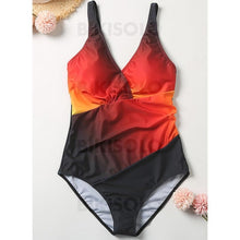 Charger l&#39;image dans la galerie, Imprimé Épissage Couleur À Bretelles Col V Grande Taille Une Pièce Maillots De Bain Rouge / M