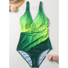 Charger l&#39;image dans la galerie, Imprimé Épissage Couleur À Bretelles Col V Grande Taille Une Pièce Maillots De Bain Vert / M