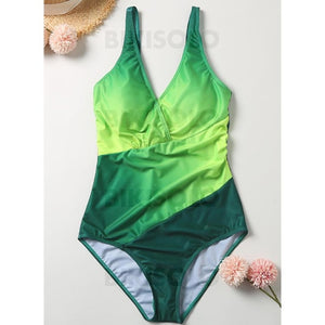 Imprimé Épissage Couleur À Bretelles Col V Grande Taille Une Pièce Maillots De Bain Vert / M