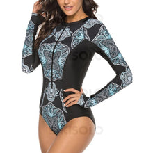 Charger l&#39;image dans la galerie, Imprimé Épissage Couleur Manches Longues Col Haut Sports Une Pièce Maillots De Bain