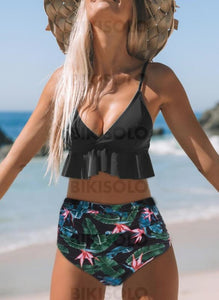 Imprimé Faire Monter Froufrous À Bretelles Col V Mignon Bikinis Maillots De Bain