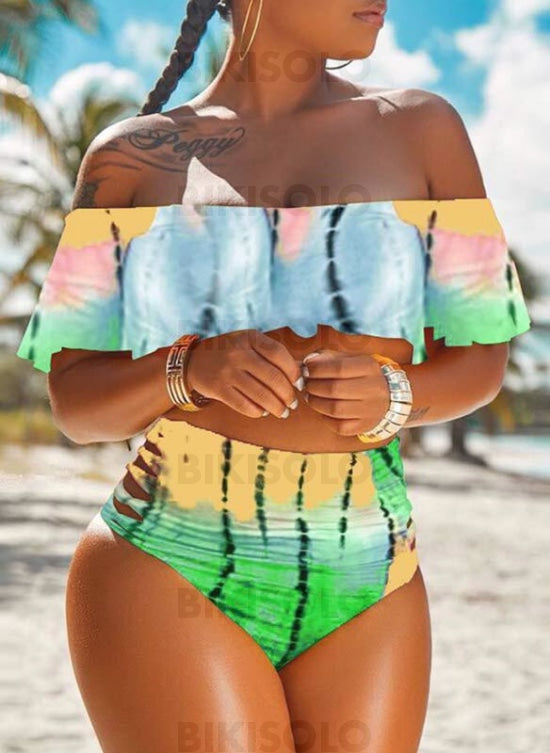 Imprimé Pente Sans Bretelle Épaule Dénudée Bohème Grande Taille Bikinis Maillots De Bain