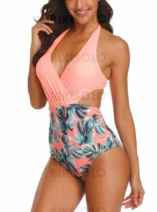 Imprimé Tropical Dos Nu Élégante Une Pièce Maillots De Bain Rose Perle / S Piece