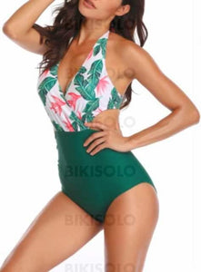 Imprimé Tropical Dos Nu Élégante Une Pièce Maillots De Bain Vert / S Piece