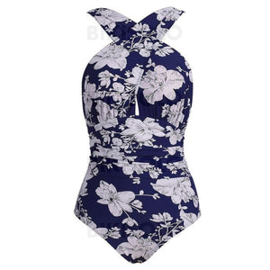 Imprimé Tropical Dos Nu Sexy Grande Taille Une Pièce Maillots De Bain Bleu Foncé / S