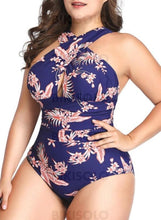 Charger l&#39;image dans la galerie, Imprimé Tropical Dos Nu Sexy Grande Taille Une Pièce Maillots De Bain Bleu Roi / S