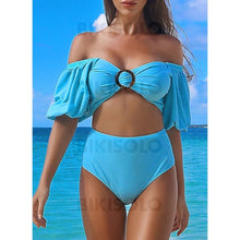 Charger l&#39;image dans la galerie, Léopard Imprimé Épaule Dénudée Sexy Jolis Classique Attrayant Bikinis Maillots De Bain Bleu / S