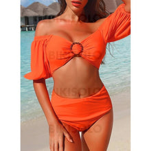 Charger l&#39;image dans la galerie, Léopard Imprimé Épaule Dénudée Sexy Jolis Classique Attrayant Bikinis Maillots De Bain Orange /