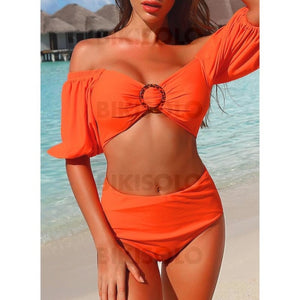 Léopard Imprimé Épaule Dénudée Sexy Jolis Classique Attrayant Bikinis Maillots De Bain Orange /