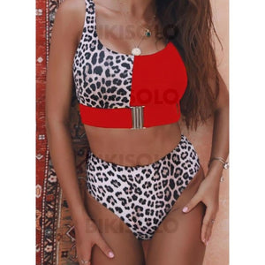 Léopard Patchwork À Bretelles Sexy Bikinis Maillots De Bain Rouge / S