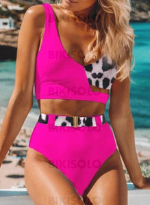 Léopard Taille Haute À Bretelles Sexy Bikinis Maillots De Bain Fuchsia / S