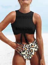 Charger l&#39;image dans la galerie, Léopard Taille Haute Noué Col Rond Haut Sexy Accrocheur Bikinis Maillots De Bain