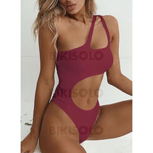 Charger l&#39;image dans la galerie, Monokini Coupe Haute Une Épaule Sexy Accrocheur Pièce Maillots De Bain Bordeaux / S