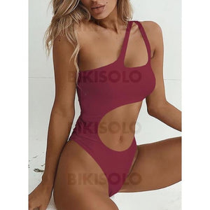 Monokini Coupe Haute Une Épaule Sexy Accrocheur Pièce Maillots De Bain Bordeaux / S