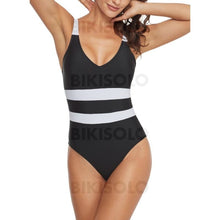 Charger l&#39;image dans la galerie, Rayures Col V À La Mode Grande Taille Une Pièce Maillots De Bain