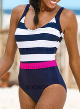 Charger l&#39;image dans la galerie, Rayures Couleurs Opposées À Bretelles Col U Sports Classique Une Pièce Maillots De Bain