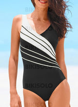 Charger l&#39;image dans la galerie, Rayures Épissage Couleur À Bretelles Col V Sexy Grande Taille Une Pièce Maillots De Bain