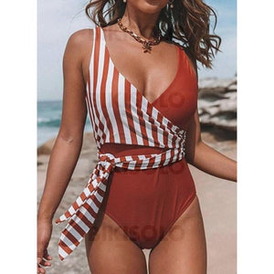 Rayures Sans Bretelle Classique Exquis Une Pièce Maillots De Bain Rouge / S