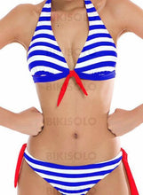 Charger l&#39;image dans la galerie, Rayures Taille Basse Dos Nu Élégante Bikinis Maillots De Bain Bleu / S