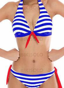 Rayures Taille Basse Dos Nu Élégante Bikinis Maillots De Bain Bleu / S