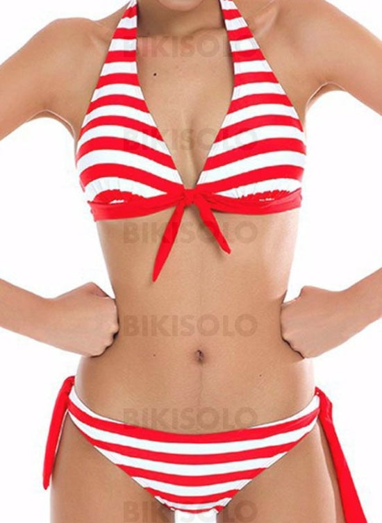 Rayures Taille Basse Dos Nu Élégante Bikinis Maillots De Bain Rouge / S