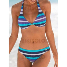 Charger l&#39;image dans la galerie, Rayures Taille Basse Dos Nu Sexy Sports Bikinis Maillots De Bain Bleu / S