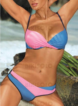 Charger l&#39;image dans la galerie, Taille Basse Épissage Couleur À Bretelles Sexy Bikinis Maillots De Bain Bleu / S