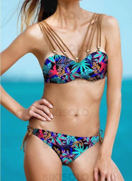 Taille Basse Feuilles À Bretelles Col V Sexy Bikinis Maillots De Bain Bleu / S