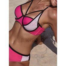 Charger l&#39;image dans la galerie, Taille Basse Patchwork À Bretelles Sexy Bikinis Maillots De Bain Rose Vif / S