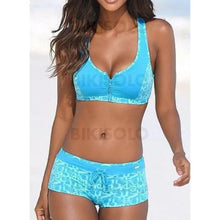 Charger l&#39;image dans la galerie, Taille Basse Patchwork À Bretelles Sports Bikinis Maillots De Bain Lac Bleu / S