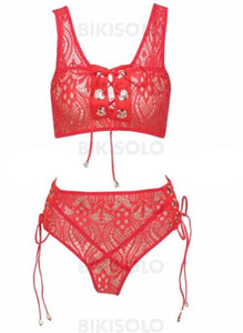 Taille Haute À Bretelles Sexy Bikinis Maillots De Bain Rouge / S