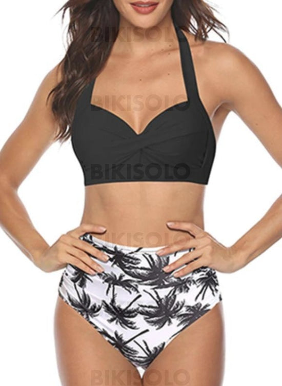 Taille Haute Feuilles Dos Nu À La Mode Bohème Bikinis Maillots De Bain Noir / S