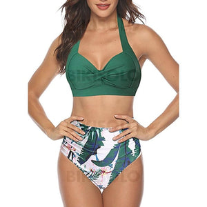 Taille Haute Feuilles Dos Nu À La Mode Bohème Bikinis Maillots De Bain Vert / S