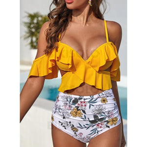 Taille Haute Feuilles Froufrous À Bretelles Sexy Bohème Bikinis Maillots De Bain