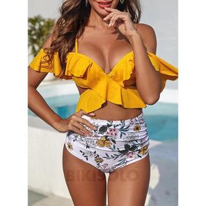 Taille Haute Feuilles Froufrous À Bretelles Sexy Bohème Bikinis Maillots De Bain