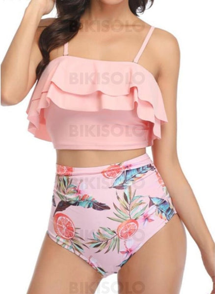 Taille Haute Froufrous À Bretelles Mignon Exquis Bikinis Maillots De Bain Rosado / S