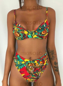 Taille Haute Imprimé Jambe Haute À Bretelles Sexy Bikinis Maillots De Bain