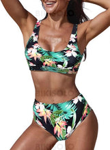 Charger l&#39;image dans la galerie, Taille Haute Imprimé Tropical Sangle Sexy Bikini Maillots De Bain Rose Perle / S Bikinis