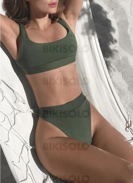 Taille Haute Jambe Haute À Bretelles Sexy Bikinis Maillots De Bain Vert / S