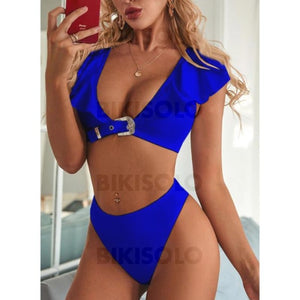 Taille Haute Jambe Haute Froufrous Col U Sexy Bikinis Maillots De Bain Bleu / S