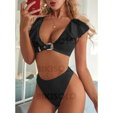 Charger l&#39;image dans la galerie, Taille Haute Jambe Haute Froufrous Col U Sexy Bikinis Maillots De Bain Noir / S