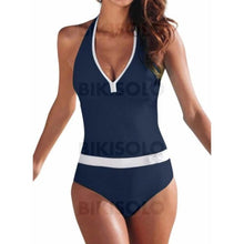 Charger l&#39;image dans la galerie, Triangle Patchwork Col V Sports Boho Une Pièce Maillots De Bain Bleu Marine / S